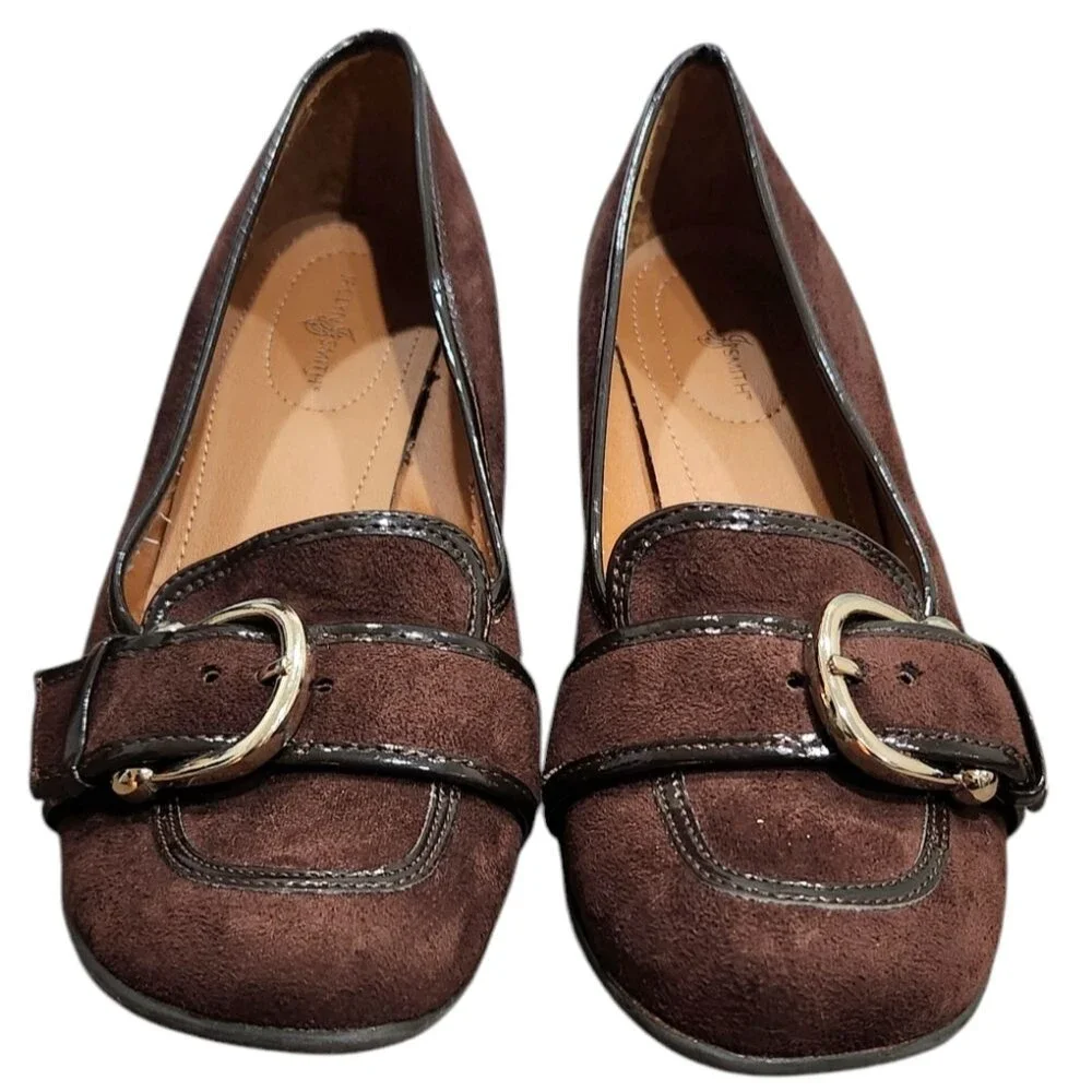 ❤️2/$18 Jaclyn Smith Brown Suede Wedge Heeled Loafer Leather Shoes 7